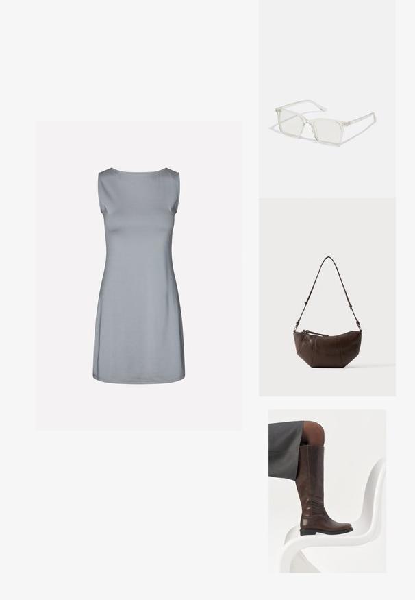 Ärmeloses Kleid aus hellgrauem Stoff, mit rundem Ausschnitt und gerader A-Linie, weichem Griff und minimalistischem Design.; Braune Lederstiefel bis zum Knie mit abgerundeter Spitze, glatter Oberfläche und minimalen Nähten, vor einem hellen Hintergrund auf einem weißen Stuhl.; Klare, quadratische Kunststoffbrillen mit durchsichtigen Gläsern, die goldene Akzente an den Bügeln für zusätzliche Details aufweisen.; Braune Leder-Schultertasche mit gewölbtem Boden und verstellbarem Riemen vor einfarbig hellem Hintergrund.