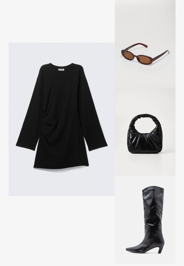 T-shirt noir à manches longues avec col rond, coupe décontractée et légère fronce sur un côté, présenté à plat sur fond gris clair.; Botte noire en cuir montant jusqu'au genou avec un bout pointu et un talon modéré et incliné. Elle présente une texture lisse et brillante avec un design simple.; Lunettes de soleil rondes teinte brun avec une monture bordeaux brillante. Branches fines avec un détail de marque subtil. Design de verres plats.; Sac à main noir rembourré avec une poignée arrondie, présentant une surface lisse et brillante ainsi qu'une texture douce et matelassée. Pas de quincaillerie ou d'accents visibles.