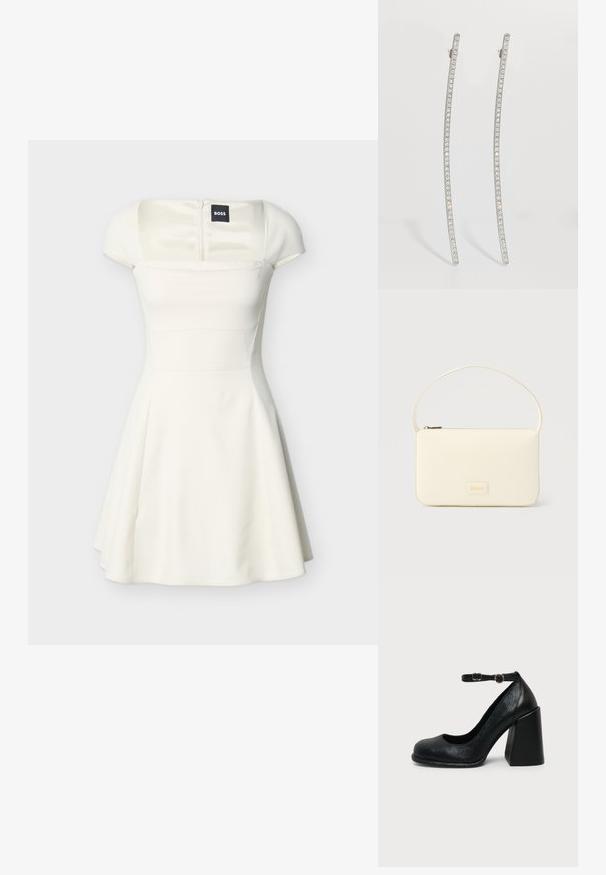 Robe blanche à manches courtes avec encolure carrée, taille cintrée, jupe évasée et fermeture éclair au dos, étiquette BOSS à l'intérieur du col.; Chaussure à talon haut en cuir noir avec bout arrondi et bride de cheville réglable avec boucle dorée sur fond uni clair.; Sac à main rectangulaire de couleur crème avec une seule sangle et une fermeture éclair sur le dessus, comportant une petite plaque de logo embossé à l'avant.; Boucles d'oreilles allongées en ton argenté avec un design incurvé, ornées d'une rangée de cristal clair le long des bords extérieurs pour plus d'éclat.