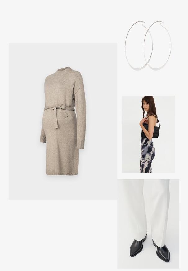 Robe de maternité en tricot couleur beige clair avec un col rond, des manches longues et une ceinture à la taille. Comprend des poignets côtelés et un design mi-long.; Bottines noires à bout pointu en cuir lisse, avec des talons bas en bloc, associées à un pantalon large blanc. Design simple et moderne.; Sac à épaule noir en matelassé avec une seule sangle et des accessoires en argent, associé à une robe ajustée à motif tie-dye dans des teintes de noir et de crème.; Boucles d'oreilles en argent avec un design fin et lisse ; forme ovale allongée ; finition polie ; présente un fermoir à crochet sécurisé.