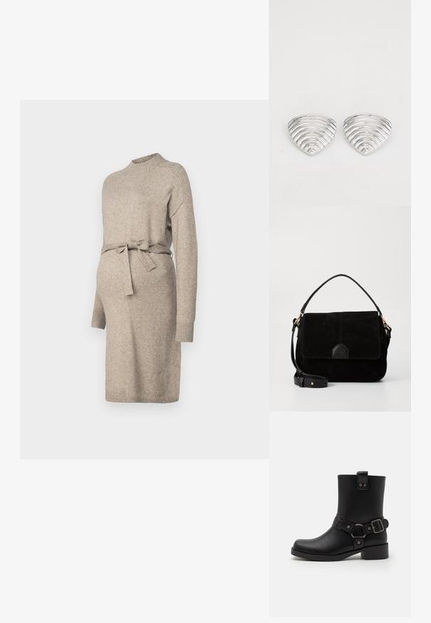 Vestido de maternidad de punto en beige claro con cuello redondo, mangas largas y lazo en la cintura. Presenta puños acanalados y un diseño de longitud media.; Botín de cuero negro hasta el tobillo con punta cuadrada, tacón redondeado, tira decorativa y detalle de hebilla, y acentos metálicos. Textura suave.; Bolso de ante negro con un acento de cuero, que cuenta con un cierre de solapa, asa superior y una correa de hombro ajustable. Textura suave, diseño minimalista.; Pendientes en tono plateado con un diseño ondulado y texturizado, con forma de media lunas superpuestas; el acabado pulido realza las cualidades reflectantes.