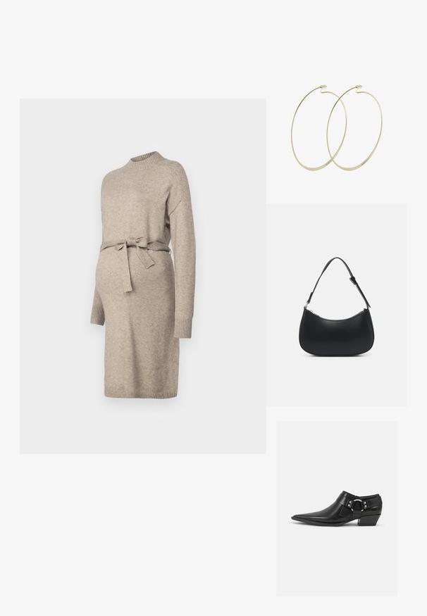 Vestido de maternidad de punto en beige claro con cuello redondo, mangas largas y lazo en la cintura. Presenta puños acanalados y un diseño de longitud media.; Botas de cuero negras hasta el tobillo con puntera puntiaguda, que presentan una correa de cuero en la parte delantera y un detalle de hebilla plateada, además de un tacón bajo y cuadrado.; Pieces PCALUANA SHOULDER BAG - Bolso de mano - black; Pilgrim Pendientes - gold-coloured
