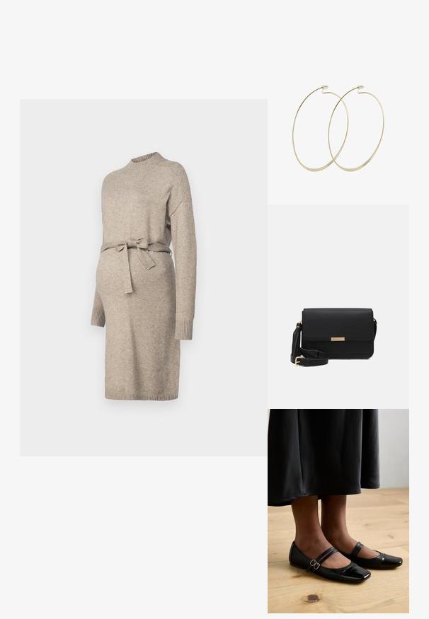 Robe de maternité en tricot couleur beige clair avec un col rond, des manches longues et une ceinture à la taille. Comprend des poignets côtelés et un design mi-long.; Ballerines en cuir verni noir avec un bout carré, comportant deux brides avec boucles. Les semelles sont plates sur un sol en bois clair.; Sac en cuir noir avec un rabat, accents en matériel doré, sangle réglable et surface texturée. Forme rectangulaire compacte.; Pilgrim Boucles d'oreilles - gold-coloured