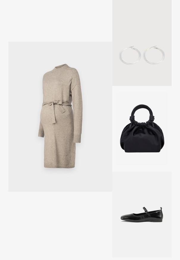 Robe de maternité en tricot couleur beige clair avec un col rond, des manches longues et une ceinture à la taille. Comprend des poignets côtelés et un design mi-long.; Chaussure plate en cuir verni noir avec un bout pointu, une sangle de cheville avec boucles, et une texture lisse et brillante. Talon bas pour le confort.; Sac à main en tissu noir doux avec dessus froncé et poignées arrondies nouées à la base, sur un fond clair uni.; Paire de boucles d'oreilles créoles argentées brillantes avec fermoirs en fil fin, présentée sur un fond gris clair.