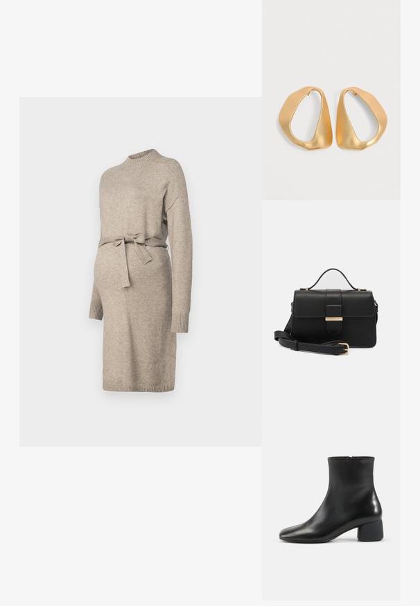 Vestido de maternidad de punto en beige claro con cuello redondo, mangas largas y lazo en la cintura. Presenta puños acanalados y un diseño de longitud media.; Botín negro de cuero con puntera cuadrada redondeada, cremallera lateral y tacón bajo y grueso sobre un fondo sencillo y claro.; Bolso de mano de cuero negro con acentos metálicos dorados, forma rectangular, cierre con solapa, correa de hombro ajustable, textura suave, diseño minimalista.; Par de pendientes de aro dorados irregulares y asimétricos con acabado suave y mate sobre fondo neutro.