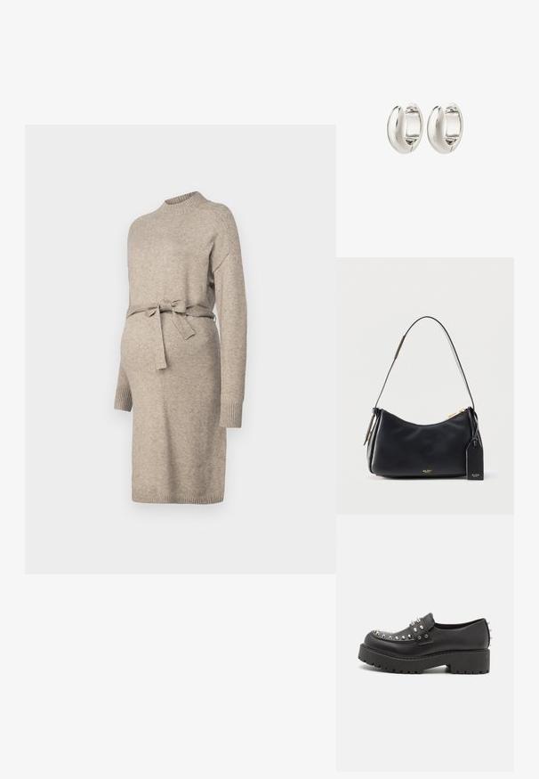 Vestido de maternidad de punto en beige claro con cuello redondo, mangas largas y lazo en la cintura. Presenta puños acanalados y un diseño de longitud media.; Monki Zapatos sin cordones - black dark; Bolso de hombro de cuero negro con cremallera dorada, correa ajustable y etiqueta de marca adjunta que dice "ALDO EST. 1972."; Pendientes de aro plateados con un diseño suave y curvado y un acabado pulido. Presentan un cierre seguro y una forma sólida y robusta.