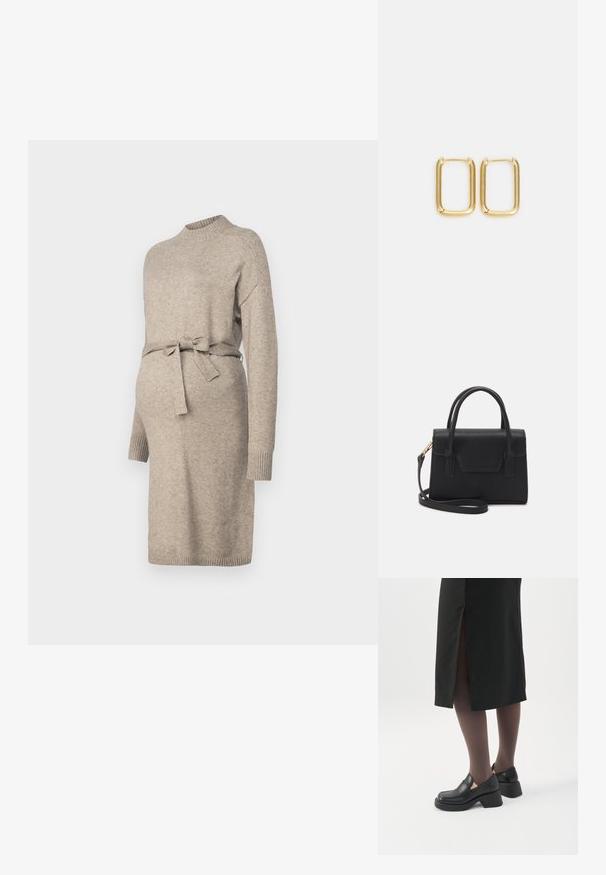 Vestido de maternidad de punto en beige claro con cuello redondo, mangas largas y lazo en la cintura. Presenta puños acanalados y un diseño de longitud media.; Mujer con mocasines negros de tacón grueso, medias negras transparentes y una falda negra con una abertura trasera sobre un fondo blanco.; Bolso estructurado negro de cuero con un asa superior, correa de hombro desmontable y un detalle de tapa en la parte frontal. Acentos en dorado.; Pendientes de aro de metal dorado con forma cuadrada, bordes suaves y un acabado pulido, que reflejan la luz con una superficie brillante.