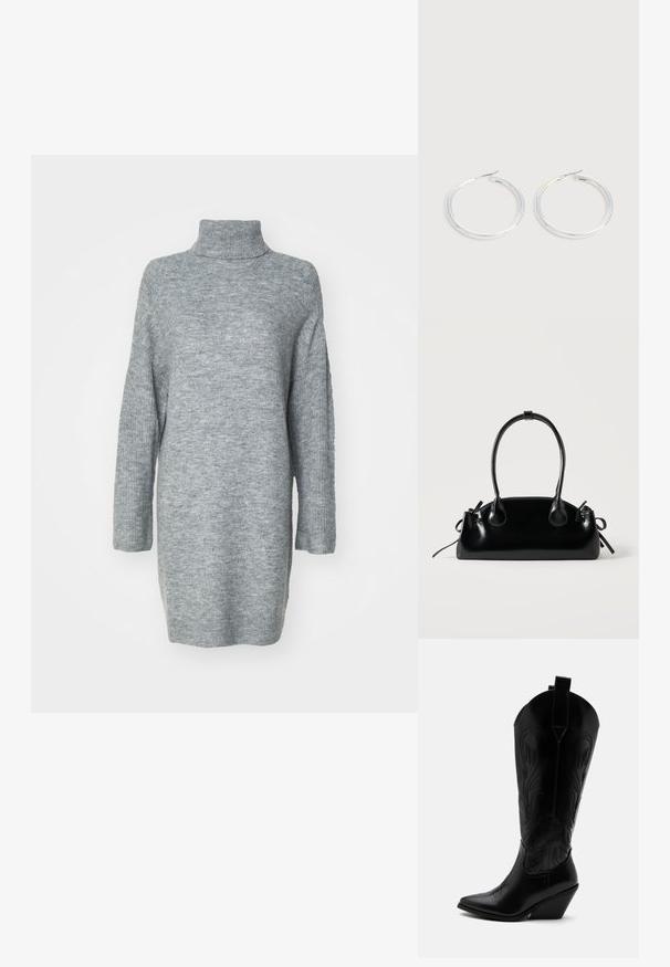 Heledhall, pika varrukatega turtleneck-kampsun pehmest kudumisest. Omab külgirindeid ja relaxed lõiget koos soonikkudumisega käiste ja krae ümber.; Mustast nahast kauboi saabas terava varbaosaga, kaldus kand, dekoratiivse õmblusega ning nööpidega üleval valge tausta peal.; Väike must läikiv käekott kahe pika sangaga ja külgedel paelakinnitustega, ühel lihtsal helel taustal.; Paari läikiva hõbedase rõngaskujulise kõrvarõngastega, millel on õhukesed traatlukkud, kuvatud heleda halli taustal.