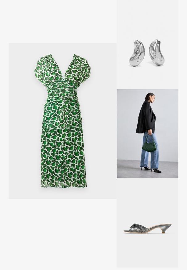 Grøn blomstrede midi-kjole med dyb V-udskæring, samlet design, korte ærmer og bølget kant. Fremstillet af letvægtsstof med en semi-gennemsigtig tekstur.; Metallic sølv åben tå mule med lav kitten hæl og flere tynde remme, der danner et vævet design over foden.; DRAGON DIFFUSION ROSANNA - Håndtasker - forest; Sølvøreringe med en buet, blank finish og et sømløst design. Har en hængsellukning for sikker bæring.