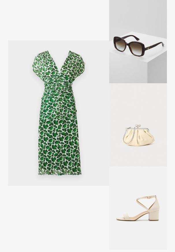 Robe midi fleurie verte avec un décolleté en V profond, design froncé, manches courtes et ourlet festonné. Confectionnée dans un tissu léger avec une texture semi-transparent.; Sandales à talon bloc beiges présentant un design minimaliste, bout ouvert et une sangle de cheville ajustable avec une boucle dorée. Texture lisse.; Lunettes de soleil carrées écaille avec verres marron dégradés et détails logo dorés sur les branches, exposées sur un piédestal blanc.; Pochette en cuir beige plissé avec un cadre en métal argenté, dotée de deux fermoirs ronds décoratifs et d'une chaîne en argent.