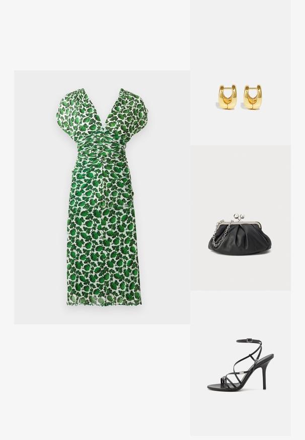 Robe midi fleurie verte avec un décolleté en V profond, design froncé, manches courtes et ourlet festonné. Confectionnée dans un tissu léger avec une texture semi-transparent.; Sandale noire à talons hauts avec des brides fines, une boucle à la cheville, une surface en cuir lisse et un talon aiguille élancé.; Porte-monnaie en cuir noir avec texture froncée, cadre en métal argenté, fermeture à verrouillage kiss-lock et bandoulière en chaîne. Surface lisse et douce.; Boucles d'oreilles en or avec un design élégant et arrondi. Présentent un centre creux et une surface brillante, complétant les styles modernes.