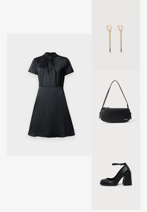 Robe en satin noir avec des manches courtes, un col haut et des détails plissés au niveau du décolleté. Silhouette en A avec une texture lisse.; Chaussure à talon haut en cuir noir avec bout arrondi et bride de cheville réglable avec boucle dorée sur fond uni clair.; Sac à épaule en cuir noir avec rabat incurvé, logo doré "HUGO" sur le devant, et une bandoulière réglable.; Boucles d'oreilles pendantes en or et argent avec fermoirs à levier, présentant une barre en or reliée à une barre en argent gravée "DKNY" sur un fond blanc.