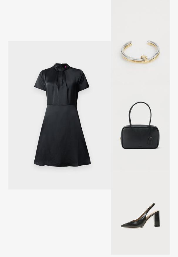 Sort satin kjole med korte ærmer, høj krave og plisseret detalje ved udskæringen. A-line silhuet med en glat tekstur.; Sort læder peep-toe slingback sko med høj blokhæl og beige indvendig foring mod en ensfarvet lys baggrund.; Sort rektangulær håndtaske med dobbelte runde håndtag, gylden lynlås og præget "HUGO"-logo foran med fastgjort lædermærke.; Metal cuff armbånd med sammenflettede sølv- og guldstrimler med en glat, poleret overflade. Bemærkelsesværdig knude-detail i midten.