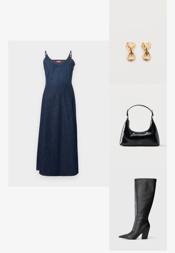 Robe maxi en denim bleu foncé avec bretelles spaghetti et petit logo rouge Diesel sur la poitrine, présentée sur un fond blanc uni.; Botte en cuir noire à hauteur de genou avec bout pointu et talon large, présentée en profil latéral gauche sur fond blanc.; Sac à main Calvin Klein noir brillant avec fermeture éclair dorée et anse courte sur fond blanc uni.; Paire de boucles d'oreilles créoles en bouclettes dorées brillantes sur fond blanc uni, présentant un design torsadé entrelacé.