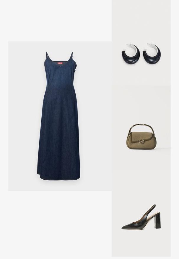 Robe maxi en denim bleu foncé avec bretelles spaghetti et petit logo rouge Diesel sur la poitrine, présentée sur un fond blanc uni.; Chaussure slingback en cuir noir à bout pointu avec un talon bloc haut et une doublure intérieure beige sur un fond clair uni.; Petit sac à main vert olive avec des bords arrondis, une poignée supérieure et une fermeture à rabat sécurisée par un fermoir métallique circulaire.; Boucles d'oreilles en résine noire avec une finition brillante et des accents en métal argenté. Forme circulaire avec une découpe et une fermeture à tige.