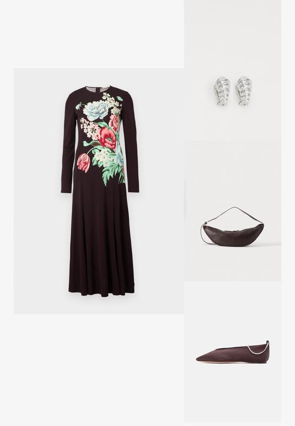 Robe noire à manches longues avec un grand imprimé floral coloré sur le devant, présentant des fleurs et des feuilles rouges, blanches, roses et vertes.; Chaussure plate marron foncé à bout pointu avec un petit talon et un détail chaîne en strass argentée à l'arrière.; Sac d'épaule en cuir marron foncé en forme de croissant avec une lanière courbée et des coutures visibles sur fond uni.; Boucles d'oreilles en clip argentées avec un design en spirale, présentant une texture métallique lisse et des formes arrondies. Pas d'embellissements ou de motifs visibles.
