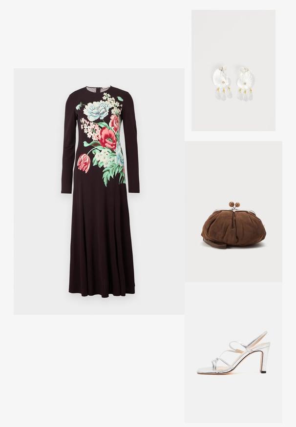 Robe noire à manches longues avec un grand imprimé floral coloré sur le devant, présentant des fleurs et des feuilles rouges, blanches, roses et vertes.; Sandale à talon haut argentée avec trois fines brides et un bout ouvert, vue de côté sur un fond blanc uni.; Petit sac poignet en daim marron doux avec cadre en métal argenté et boules rondes marron de fermeture sur fond clair uni.; Boucles d'oreilles en résine transparente en forme de coquillage avec de petits accents dorés et trois breloques translucides en forme de goutte pendantes sur chaque boucle d'oreille.