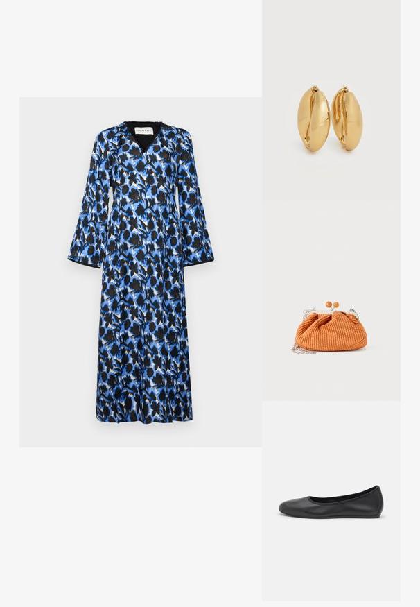 Robe à motif floral bleu avec des manches longues, décolleté en V et une coupe fluide. Fabriquée en tissu léger avec une bordure noire et des détails contrastants.; Ballerines en cuir noir avec un bout rond, texture lisse, détails de couture minimalistes et design de semelle flexible.; Petit sac pochette tissé orange avec cadre en métal argenté, fermoir rond et bandoulière chaîne argentée sur fond blanc.; Paire de boucles d'oreilles épaisses en forme de créoles, effet or poli, avec un design légèrement ovale et massif, dotées de fermoirs à charnière sur fond blanc.