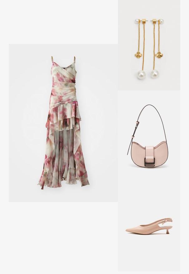 Vloeiende, bloemenmaxi-jurk met zachte roze tinten op een doorzichtige stof. Heeft gelaagde ruches, een v-halslijn en gouden accenten op de bandjes.; Beige lakleren puntige slingback schoen met lage kittenhak en elastisch bandje met subtiele branding.; Kleine, gebogen roze leren handtas met een glanzende afwerking, voorzien van een zwarte accentriem en een grote zwarte sluiting. Crossbody ontwerp.; Gouden drop oorbellen met kettingen, ronde parels en bloemvormige accenten. Slank ontwerp met gepolijste afwerkingen en een delicate uitstraling.