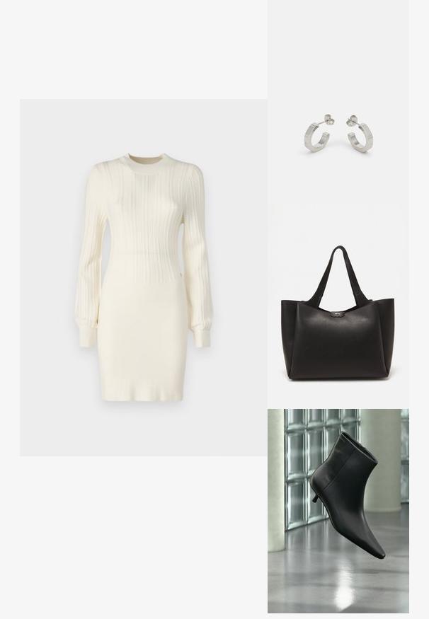 Vestido de punto en color crema con textura acanalada, que presenta mangas largas, una silueta ajustada y un cuello redondo. Realzado con detalles sutiles.; Botín negro de cuero con punta puntiaguda y tacón bajo estilo kitten, mostrado en ángulo sobre un suelo pulido y con una pared de bloques de vidrio de fondo.; Bolso tote de cuero negro con un acabado texturizado, que presenta dos asas resistentes y un acento metálico con el logo en el centro superior.; Pendientes aros de metal plateado con un diseño texturizado, que cuentan con un pequeño respaldo de clip y una marca en uno de los aros. Forma redondeada con un acabado pulido.