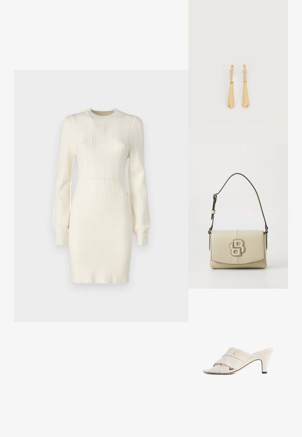 Gebreide jurk in crème met ribbelstructuur, met lange mouwen, een aansluitende pasvorm en een ronde hals. Verfraaid met subtiele details.; Beige hoge hakken mules met een gedraaide lederen band, open teen en een reliëf logo-accent. De hak heeft een zwarte puntdetail.; Crème-kleurige leren handtas met een gestructureerd ontwerp, voorzien van een opvallend reliëflogo, een klep/sluiting en een verstelbare schouderband.; Oorbellen in goudkleur met glanzende, langgerekte druppelvormige hangers die aan kleine oorringen hangen, op een witte achtergrond.