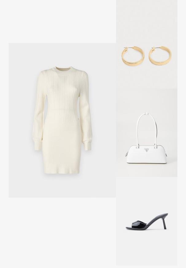 Vestido de punto en color crema con textura acanalada, que presenta mangas largas, una silueta ajustada y un cuello redondo. Realzado con detalles sutiles.; Sandalias de tacón con punta abierta de charol negro, con un diseño superior curvado y tacón de aguja cónico. Acabado liso y brillante.; Bolso de cuero blanco con forma curva, que presenta un logo triangular plateado y cierre de cremallera. Textura lisa y dos asas.; Un par de pendientes de aro en tono dorado con una fila de pequeños cristales a lo largo del borde exterior, presentado sobre un fondo claro y liso.