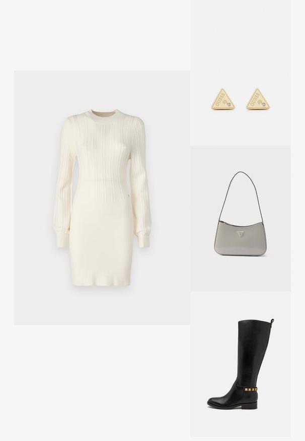 Vestido de punto en color crema con textura acanalada, que presenta mangas largas, una silueta ajustada y un cuello redondo. Realzado con detalles sutiles.; Bota de cuero negra hasta la rodilla con punta redonda, un tacón bajo y tachuelas metálicas doradas en el tobillo. Textura suave con un diseño ajustado.; Bolso de hombro de cuero sintético gris con un diseño curvo, ribete negro y una placa con logo plateada en el frente. Correa ajustable para uso versátil.; Guess PARTY - Pendientes - gold-coloured