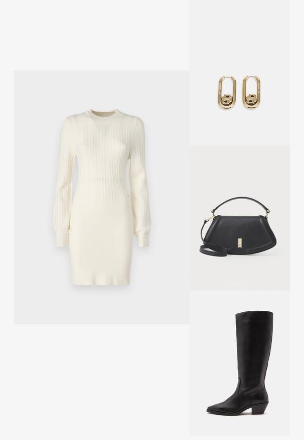 Strickkleid in Creme mit gerippter Textur, langen Ärmeln, einer taillierten Silhouette und einem runden Ausschnitt. Mit feinen Details akzentuiert.; Schwarzer Lederstiefel bis zur Wade mit spitzer Spitze und niedrigem schrägem Absatz vor einfachem hellem Hintergrund.; Schwarze Lederhandtasche mit einer strukturierten Form, ausgestattet mit einem kurzen Griff und einem abnehmbaren Tragegurt, mit einem Verschlussdetail in Goldoptik akzentuiert.; BOSS DOUBLE B SWING - Ohrringe - gold-coloured
