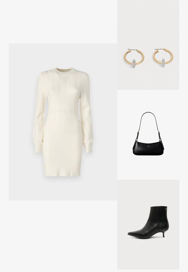 Strickkleid in Creme mit gerippter Textur, langen Ärmeln, einer taillierten Silhouette und einem runden Ausschnitt. Mit feinen Details akzentuiert.; Schwarzer Leder-Knöchel-Stiefel mit spitzer Spitze und niedrigem Kittenabsatz vor hellem Hintergrund, seitliche Ansicht.; Schwarze kleine Lederschultertasche mit dünnem Riemen und kleinem goldenem CK-Logo auf der Vorderseite in der Mitte.; Paar goldfarbene Creolen mit kleinem silberfarbenem Schlaufen-Detail an jeder, vor hellem grauem Hintergrund präsentiert.