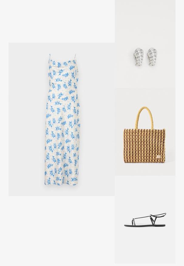 Robe midi blanche sans manches avec imprimé floral bleu et fines bretelles, présentant un décolleté droit.; Sandale plate noire avec fines lanières, une boucle pour les orteils et une boucle de cheville ajustable sur un fond gris clair.; Sac tissé marron et jaune, de forme rectangulaire, avec deux poignées, et une finition texturée avec des coutures visibles et une étiquette de marque.; Boucles d'oreilles en clip argentées avec un design en spirale, présentant une texture métallique lisse et des formes arrondies. Pas d'embellissements ou de motifs visibles.