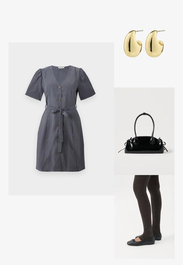 Vestido gris con escote en V, mangas cortas abullonadas, botones en la parte delantera y un cinturón de tela. Textura suave y diseño hasta la rodilla.; Piernas con leggings oscuros acanalados combinados con bailarinas negras que presentan pequeños detalles de lazo sobre un fondo blanco.; Pequeño bolso negro brillante con dos asas largas y detalles de cordón lateral sobre un fondo claro liso.; Pendientes de stud en tono dorado con una superficie suave y pulida, que presentan una forma abstracta en forma de lágrima. Hardware de metal simple para la sujeción.