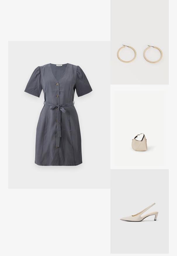 Vestido gris con escote en V, mangas cortas abullonadas, botones en la parte delantera y un cinturón de tela. Textura suave y diseño hasta la rodilla.; Tacones slingback beige con punta estrecha, laterales abiertos y un pequeño tacón cuadrado. Textura de cuero suave y diseño minimalista.; Bolso de cuero beige en forma de media luna con una sola correa para el hombro y costuras mínimas, colocado sobre un fondo blanco liso.; Par de pendientes de aro de tamaño mediano con tono dorado y cierre de bisagra sobre un fondo claro y liso.