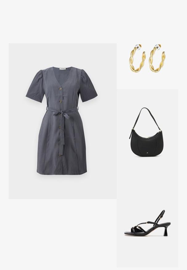 Vestido gris con escote en V, mangas cortas abullonadas, botones en la parte delantera y un cinturón de tela. Textura suave y diseño hasta la rodilla.; Call it Spring DIANAH - Sandalias - black; Bolso de mano de cuero negro con forma curva, superficie texturizada, costuras frontales y un logo en tono dorado. Cuenta con una sola correa ajustable.; Pendientes de aro retorcidos en oro con una superficie lisa, que cuentan con un respaldo transparente y herrajes en tono dorado.