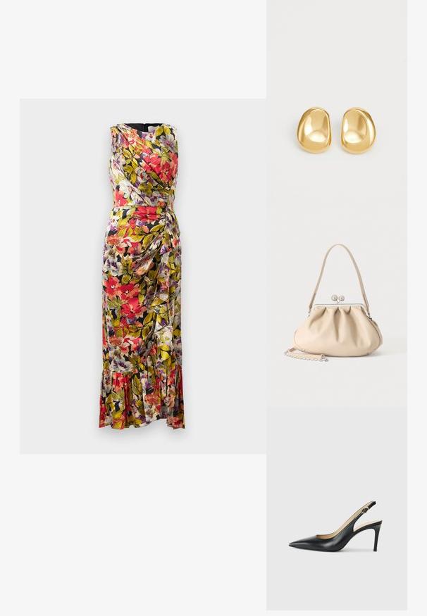 Bloemkleurige midi-jurk met een wikkelontwerp, featuring levendige rode, paarse en groene kleuren, zacht materiaal en een gerimpelde zoom.; Zwarte leren slingback-hakken met een spitse neus, verstelbare band en een elegante stiletto-hak, met een gladde afwerking.; Beige zachte leren handtas met een zilveren metalen frame sluiting, een enkele schouderriem en een optionele kettingriem op een witte achtergrond.; Gouden studs met een gladde, ronde vorm en een reflecterend oppervlak, met een minimalistisch ontwerp en zonder zichtbare patronen.