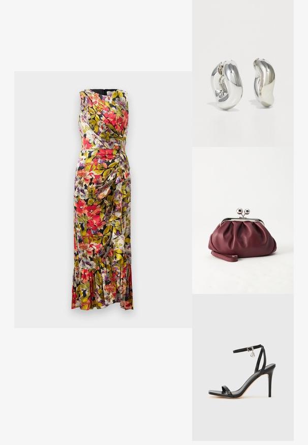 Bloemkleurige midi-jurk met een wikkelontwerp, featuring levendige rode, paarse en groene kleuren, zacht materiaal en een gerimpelde zoom.; Zwarte sandaal met hoge hak, smalle enkelband, vierkante neus, soepel leermateriaal en metalen gespsluiting.; Kleine bordeauxrode leren clutch-portemonnee met zilverkleurige metalen sluiting en polsbandje op een witte achtergrond.; Zilveren sculpturale oorbellen met gladde, gebogen vormen en reflecterende oppervlakken. Voorzien van een gesloten hoepelontwerp en een onderscheidende organische vorm.
