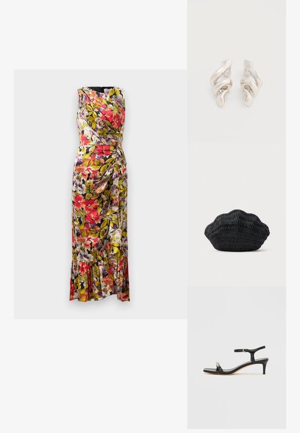 Blomstret midi-kjole med omslagsdesign, der har levende røde, lilla og grønne farver, blødt stof og en flagrende kant.; Sort læder sandal med hæl og ankelrem, åben tå, firkantet front og sølvfarvede metalaccenter. Figurformet design med en slank profil.; Sort flet håndtaske formet som en muslingeskal med en buet top og flettet tekstur på en ensfarvet baggrund.; Tvistede sølvfarvede ørestikker med en glat, blank overflade, der har et moderne, abstrakt spiraldesign.