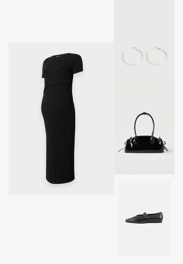 Schwarzes Umstandskleid aus geripptem Stoff. Hat ein figurbetontes Design mit kurzen Ärmeln und einem geschwungenen Saum, perfekt für einen wachsenden Bauch.; Schwarze Lederflachschuhe mit spitzem Zehenbereich, ausgestattet mit einem metallischen Riemen über dem Spann und einer niedrigen, flexiblen Sohle.; Kleine schwarze glänzende Handtasche mit zwei langen Griffen und seitlichen Kordelzug-Details vor einfachem hellem Hintergrund.; Paar glänzende silberne Creolen mit dünnen Drahtverschlüssen, dargestellt vor einem hellgrauen Hintergrund.