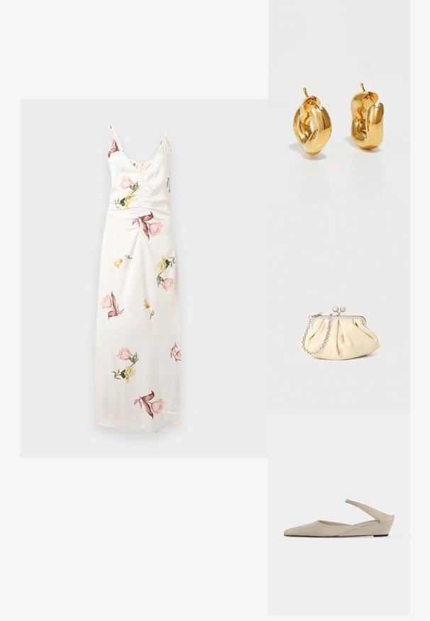 Hvid ærmeløs maxikjole med tynde stropper, rynket front og spredte lyserøde, gule og grønne blomsterprintmønstre.; Beige lav kilehæl slingback sko med spids tå og glat mat finish, vist i sideprofil på hvid baggrund.; Plisseret beige læderclutch med en sølvmetalramme, der har to runde dekorative låse og en sølvkædetrasporte.; Chunky guld hoop øreringe med et let snoet, rørformet design og postsystem bagpå, på en hvid baggrund.