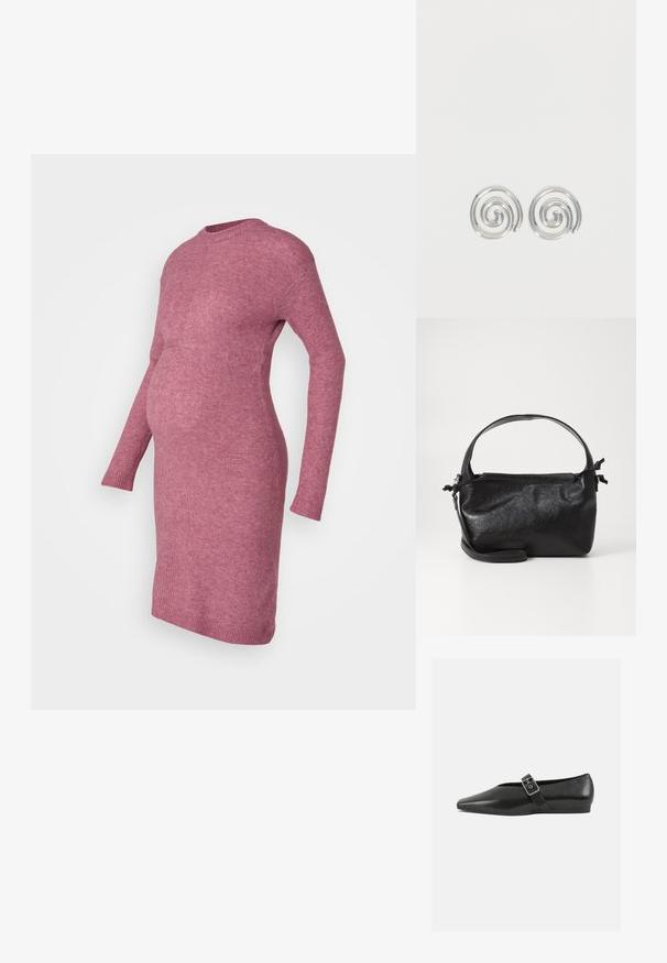 Robe de grossesse en tricot à manches longues en tissu rose doux et texturé, présentant un corsage ajusté et une légère évasement à l'ourlet.; Chaussure plate en cuir noir avec un orteil pointu, présentant une sangle à boucle métallique sur le cou-de-pied et une semelle basse et flexible.; Sac à main en cuir noir au design structuré, avec une poignée arrondie et une bandoulière amovible. Présente une texture lisse et un éclat subtil.; Paire de boucles d'oreilles en forme d'anneau spirale en argent avec un design lisse et arrondi sur fond blanc uni.