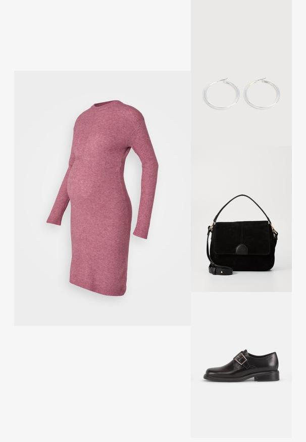 Neulottu, pitkähihainen äitiysmekko pehmeästä, teksturoidusta ruusunsävyisestä kankaasta, jossa on istuva yläosa ja lievä levennys helmassa.; Musta nahkakengät pyöreällä varvaskärjellä, sivussa solkityyppinen yksityiskohta ja teksturoitu pohja, asetettuna yksinkertaista valkoista taustaa vasten.; Musta mokkanahkakäsilaukku, jossa on nahka-akseli, jaettu kansilukko, yläkahva sekä säädettävä olkahihna. Sujuva pinta, minimalistinen muotoilu.; Pari kiiltäviä hopeisia renkaanmuotoisia korvakoruja, joissa on ohuet langan sulkimet, esillä vaaleanharmaalla taustalla.