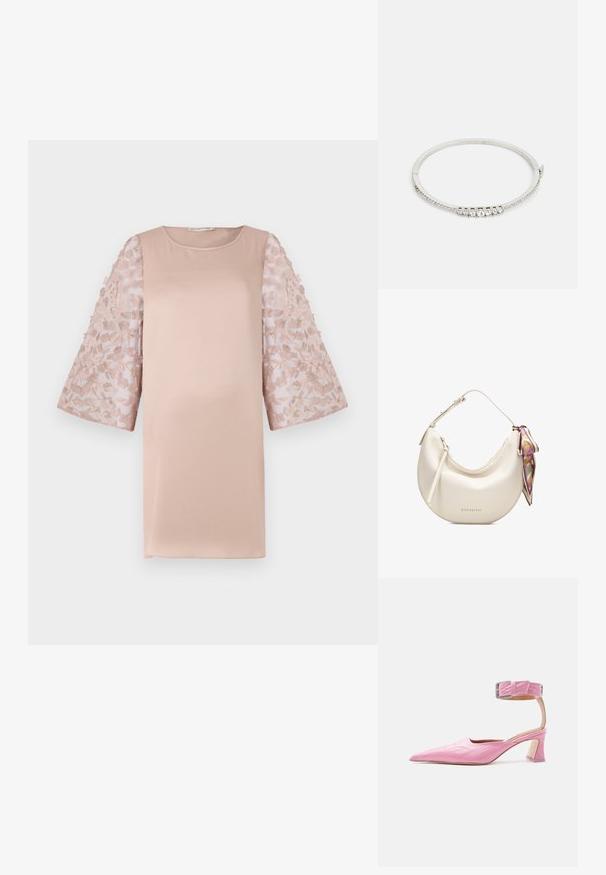 Robe rose clair avec un corsage uni et des manches en dentelle florale transparente. Elle possède un col rond et une coupe ample, mettant en valeur un design élégant.; Chaussure rose à talon moyen pointu avec bride à la cheville et boucle argentée, matériau texturé brillant, présentée sur un fond clair uni.; Sac à main crème en forme de croissant avec bandoulière réglable, fermeture éclair et foulard multicolore décoratif noué sur un côté, marque Hispanitas.; Bracelet en argent avec une surface lisse et polie. Présente une rangée de cinq cristaux transparents et un design épuré et ouvert.