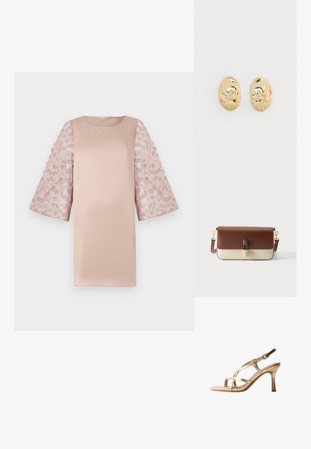 Robe rose clair avec un corsage uni et des manches en dentelle florale transparente. Elle possède un col rond et une coupe ample, mettant en valeur un design élégant.; Sandale à talon haut dorée avec brides et boucle à la cheville, talon moyen effilé, présentée sur un fond blanc.; Sac d'épaule rectangulaire bicolore avec rabat supérieur marron et corps inférieur crème, quincaillerie dorée et fermeture frontale à boucle.; Boucles d'oreilles en métal doré avec une forme irrégulière, présentant une finition polie et des détails texturés subtils sur la surface.