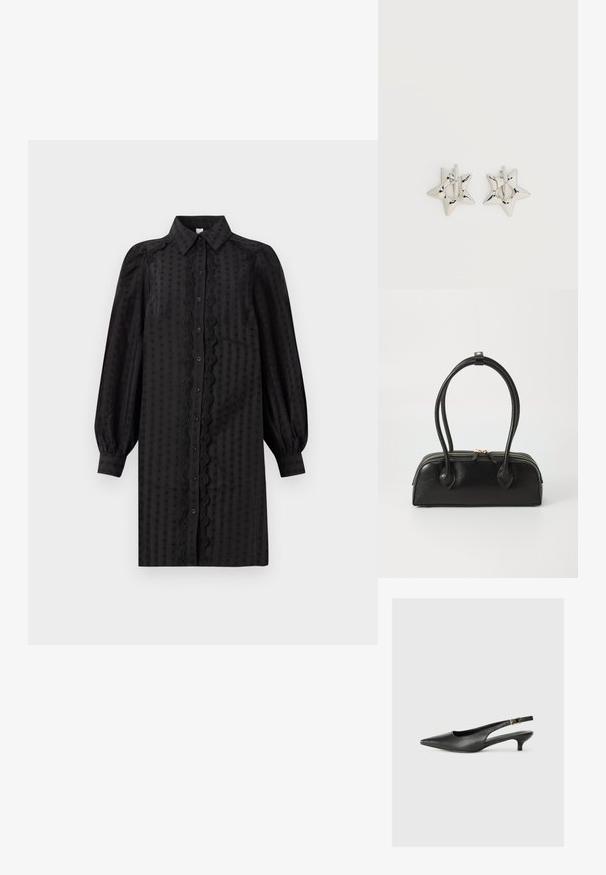 Schwarzes, knopfbares Kleid aus glattem Stoff, mit einem strukturierten Muster, Puffärmeln und einem dekorativen Spitzenbesatz entlang der Front.; Schwarzer Slingback-Schuh mit spitzem Zehenbereich aus glattem Leder. Mit einem dünnen Absatz und einer dekorativen Schnalle am verstellbaren Riemen.; Schwarze Lederhandtasche mit zwei verlängerten Griffen, Reißverschluss und runder Form; glatte Textur mit subtiler glänzender Oberfläche.; Silberne, sternförmige Creolen mit einer glatten, polierten Oberfläche auf weißem, schlichtem Hintergrund.