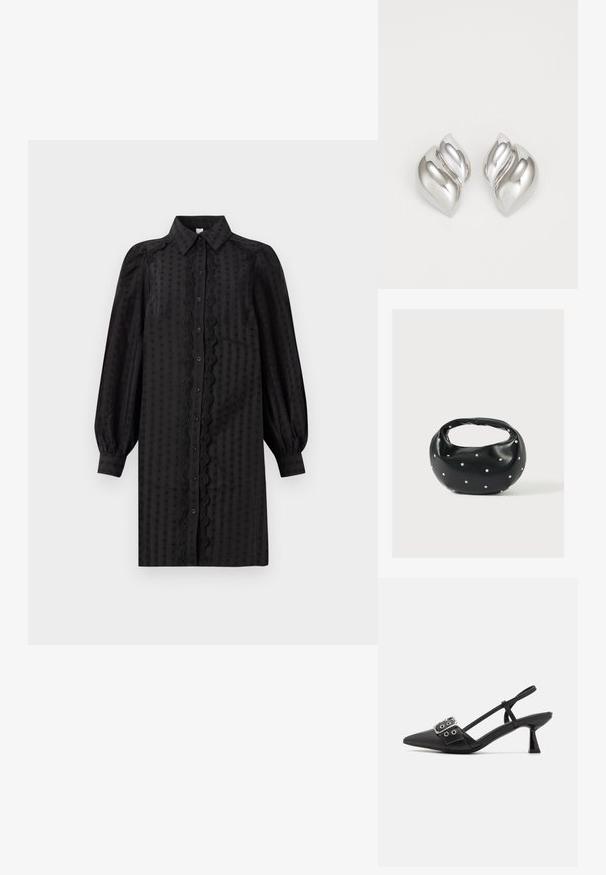 Schwarzes, knopfbares Kleid aus glattem Stoff, mit einem strukturierten Muster, Puffärmeln und einem dekorativen Spitzenbesatz entlang der Front.; Simmi London DALA - Pumps - black; Schwarze Lederhandtasche mit abgerundeter Form, verziert mit silbernen Nietenakzenten und kurzem Griff. Glatte Struktur und Reißverschlussverschluss.; Silberne Ohrringe mit einer organischen, abstrakten Form. Glatte, glänzende Oberfläche mit einem konischen Design. Mit dezenten Kurven und einem zentralen Linienelement.