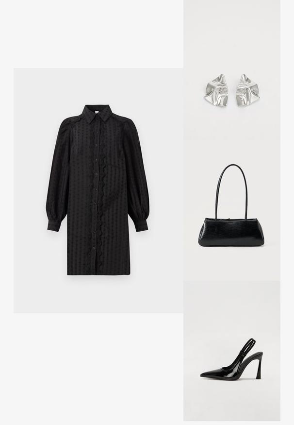 Schwarzes, knopfbares Kleid aus glattem Stoff, mit einem strukturierten Muster, Puffärmeln und einem dekorativen Spitzenbesatz entlang der Front.; Schwarze Lackleder Slingback-Pumps mit spitzem Zehenbereich, schlankem hohen Absatz und doppeltem elastischen Riemen für einen sicheren Sitz. Glatte, glänzende Oberfläche.; Schwarze rechteckige Schultertasche mit langen dünnen Trägern und einer glatten, glänzenden Textur auf einfarbigem Hintergrund.; Silberne Metallohrringe mit einem wellenförmigen, skulpturalen Design, das eine polierte Oberfläche und unregelmäßige Formen aufweist, die eine zeitgenössische Ästhetik betonen.