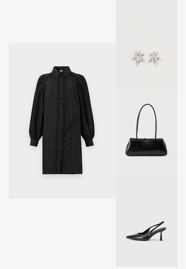 Schwarzes, knopfbares Kleid aus glattem Stoff, mit einem strukturierten Muster, Puffärmeln und einem dekorativen Spitzenbesatz entlang der Front.; Schwarzer Leder Slingback High Heel Schuh mit spitzer Zehenpartie und schmalem Absatz auf einem weißen Hintergrund.; Schwarze rechteckige Schultertasche mit langen dünnen Trägern und einer glatten, glänzenden Textur auf einfarbigem Hintergrund.; Silberne, sternförmige Creolen mit einer glatten, polierten Oberfläche auf weißem, schlichtem Hintergrund.