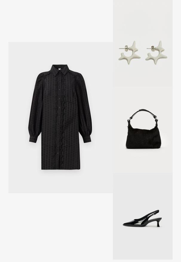 Schwarzes, knopfbares Kleid aus glattem Stoff, mit einem strukturierten Muster, Puffärmeln und einem dekorativen Spitzenbesatz entlang der Front.; Schwarze Lackleder Slingback-Schuhe mit spitzem Zehenbereich und niedrigem Blockabsatz. Verstellbarer Riemen mit Schnalle am Knöchel.; Schwarze Kunstfell-Handtasche mit weicher Textur, runder Form und einem stabilen schwarzen Leder-Schulterriemen. Sichtbare silberne Hardware-Akzente.; Silberohrringe mit einem auffälligen, abstrakten Design mit unregelmäßigen Formen und glänzender Oberfläche. Mit Steckverschluss zur Befestigung.
