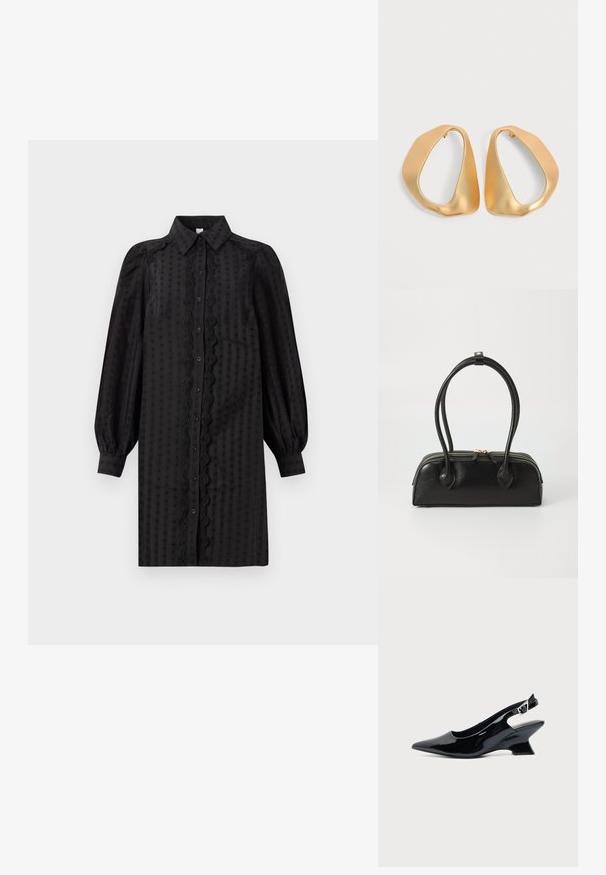 Schwarzes, knopfbares Kleid aus glattem Stoff, mit einem strukturierten Muster, Puffärmeln und einem dekorativen Spitzenbesatz entlang der Front.; Schwarzer Slingback-Schuh aus Lackleder mit spitzer Spitze und niedrigem, schrägem Blockabsatz auf einfachem hellem Hintergrund.; Schwarze Lederhandtasche mit zwei verlängerten Griffen, Reißverschluss und runder Form; glatte Textur mit subtiler glänzender Oberfläche.; Paar unregelmäßiger, asymmetrischer goldener Creolen mit glatter, matter Oberfläche vor neutralem Hintergrund.