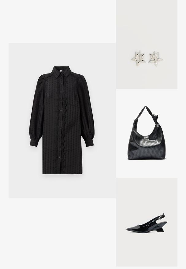 Schwarzes, knopfbares Kleid aus glattem Stoff, mit einem strukturierten Muster, Puffärmeln und einem dekorativen Spitzenbesatz entlang der Front.; Schwarzer Slingback-Schuh aus Lackleder mit spitzer Spitze und niedrigem, schrägem Blockabsatz auf einfachem hellem Hintergrund.; Schwarze gewebte Lederhandtasche mit lässigem Design, ausgestattet mit einem geknoteten Trageriemen und einem kleinen dekorativen goldenen Nagel am oberen Rand.; Silberne, sternförmige Creolen mit einer glatten, polierten Oberfläche auf weißem, schlichtem Hintergrund.