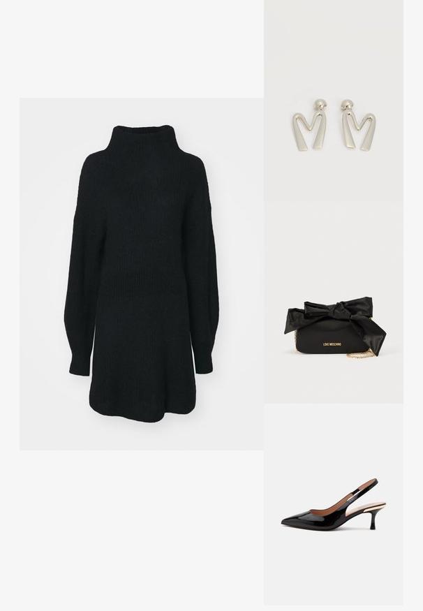 Zwarte gebreide trui met een hoge hals, lange mouwen en een relaxte pasvorm. Textuurstof met een losse silhouet en geen zichtbare patronen.; Zwarte lakleren slingback pump met puntige neus en lage kittenheel op een eenvoudige witte achtergrond.; Zwarte satijnen handtas met een grote strikdetail bovenop, gouden kettingriem en een geperst "LOVE MOSCHINO" logo aan de voorkant.; Paar zilverkleurige metalen oorbellen in de vorm van een hoekige letter M met afgeronde stekers op een witte achtergrond.